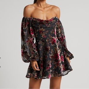 Showpo US size 12 off shoulder dress with velvet pattern
